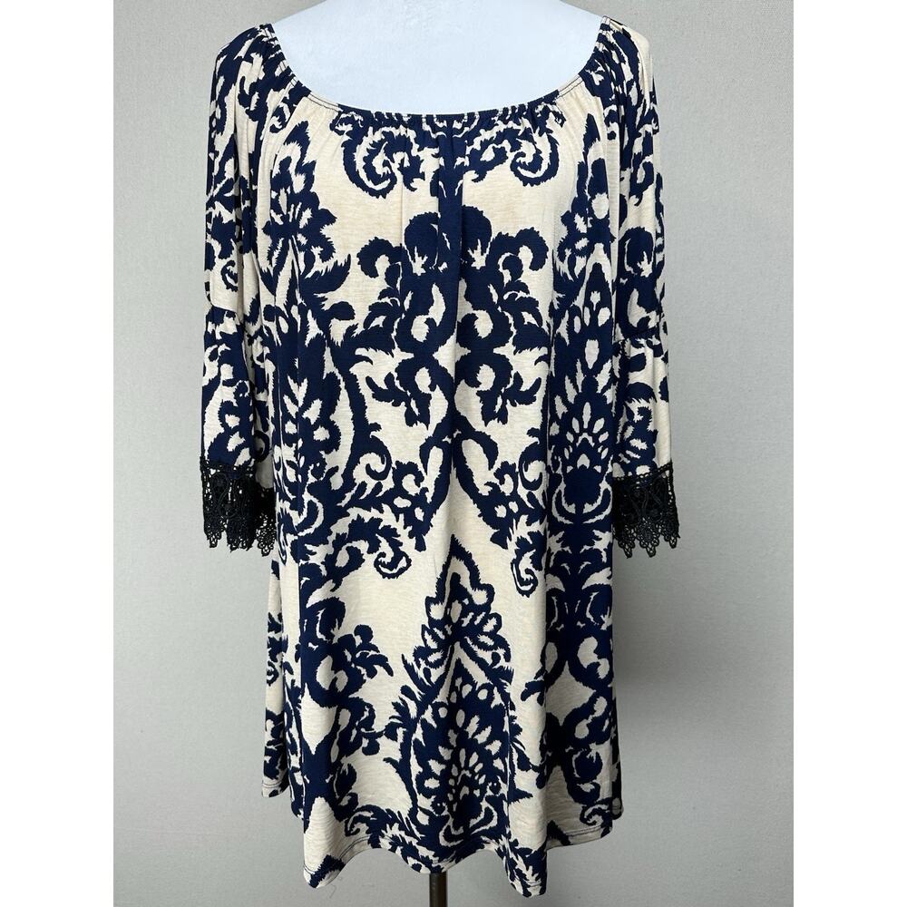 Cezanne Women's Sz 3X Scoop Neck Pop Over Flared 3/4 Lace‎ Trim Sleeve Blouse